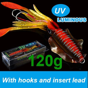 SUNMILE Fishing Soft Squid Lure 20g/60g/80g/100g/120g/150g Luminous/UV Squid Jig Fishing Lures For Sea Fishing Wobbler Bait