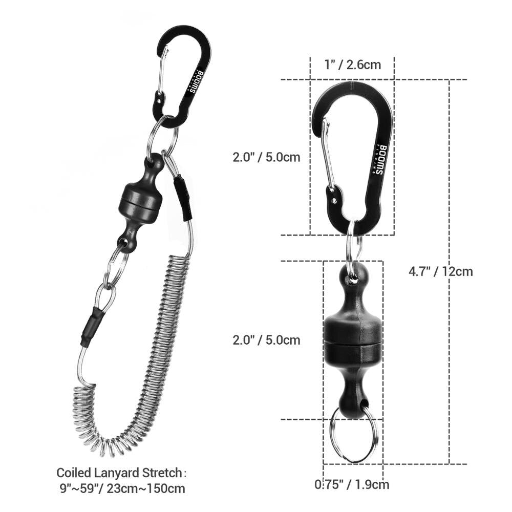 Booms Fishing MRC Magnetic Release Clip Net Holder with Fishing Tool Coiled Lanyard 1.5m Black