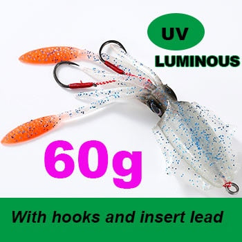 SUNMILE Fishing Soft Squid Lure 20g/60g/80g/100g/120g/150g Luminous/UV Squid Jig Fishing Lures For Sea Fishing Wobbler Bait