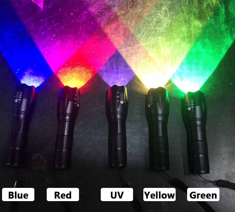 XM-L2 U3 T6 Tactical Led Flashlight Zoomable Waterproof Torch White Yellow Red Green Blue 6 Colors Uv Light Lantern for Camping