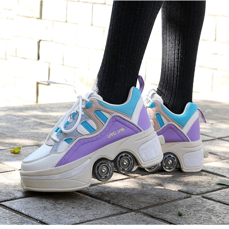 Deform Wheel Skates Roller Skate Shoes With 4 Wheels Kid Casual Deformation Parkour Runaway Sneakers For Children Rounds Walk