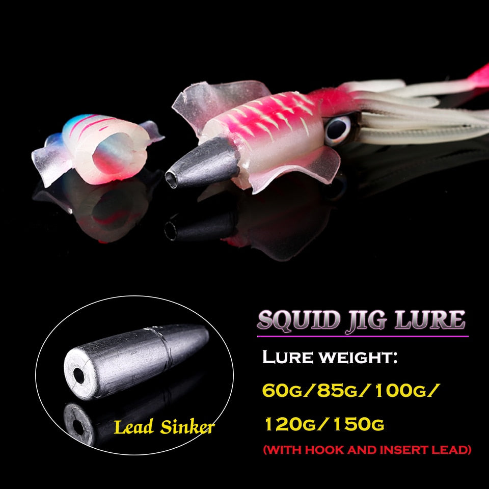 SUNMILE Fishing Soft Squid Lure 20g/60g/80g/100g/120g/150g Luminous/UV Squid Jig Fishing Lures For Sea Fishing Wobbler Bait