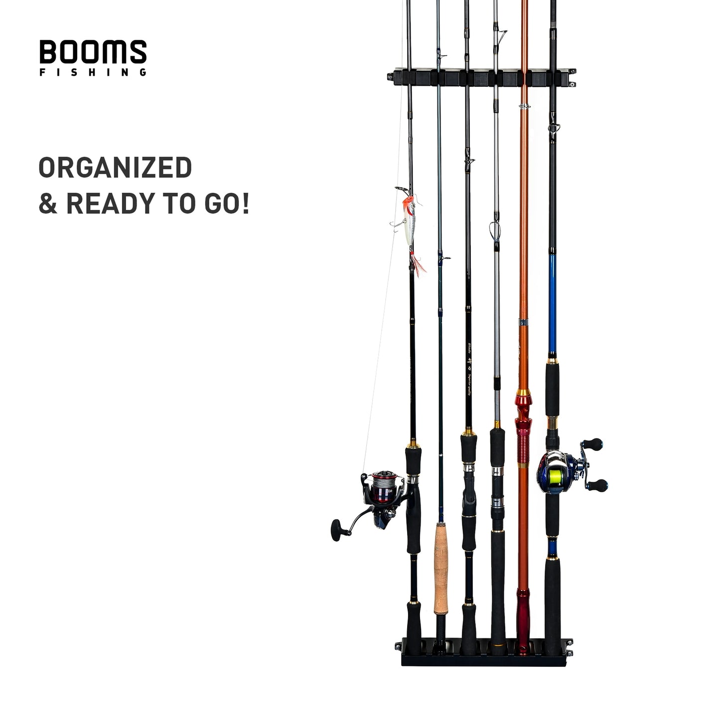 Booms Fishing WV2 Vertical 6-Rod Rack Fishing Pole Holder Rod Holders Wall Mount Modular for Garage