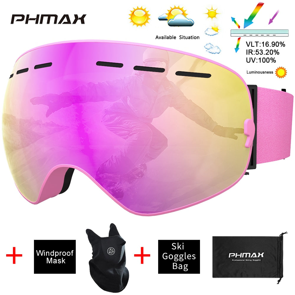 PHMAX Ski Goggles Men Snowboard Glasses Women Winter Outdoor Snow Sunglasses UV400 Double Layers Lens Anti-Fog Skiing Goggles