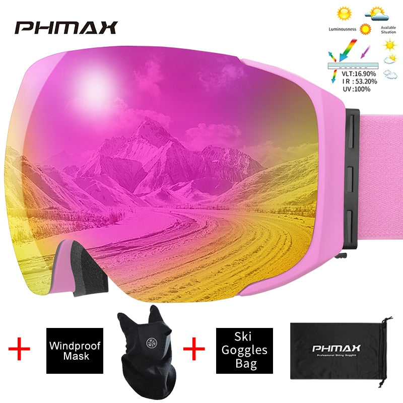 PHMAX Magnetic Ski Goggles Winter Anti-Fog Snowboard Goggles Double-Layers UV400 Protection Snowmobile Outdoor Skiing Glasses