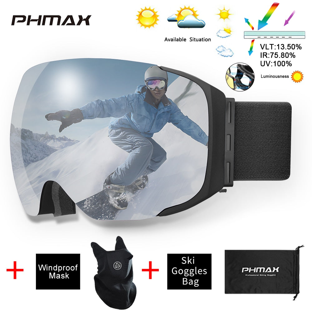 PHMAX Ski Goggles Men Snowboard Glasses Women Winter Outdoor Snow Sunglasses UV400 Double Layers Lens Anti-Fog Skiing Goggles