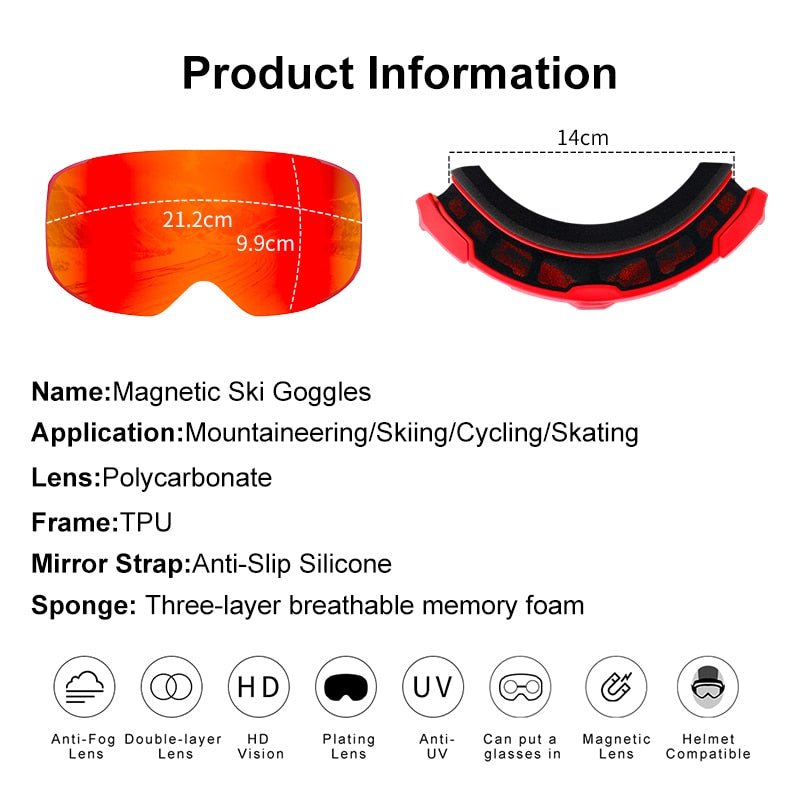 PHMAX Magnetic Ski Goggles Winter Anti-Fog Snowboard Goggles Double-Layers UV400 Protection Snowmobile Outdoor Skiing Glasses