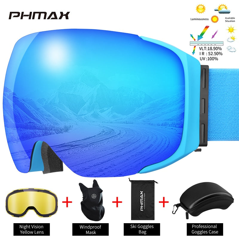 PHMAX Magnetic Ski Goggles Winter Anti-Fog Snowboard Goggles Double-Layers UV400 Protection Snowmobile Outdoor Skiing Glasses