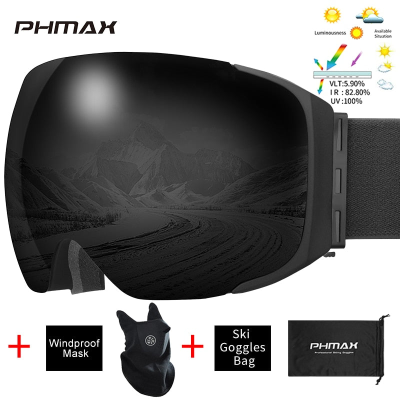 PHMAX Magnetic Ski Goggles Winter Anti-Fog Snowboard Goggles Double-Layers UV400 Protection Snowmobile Outdoor Skiing Glasses