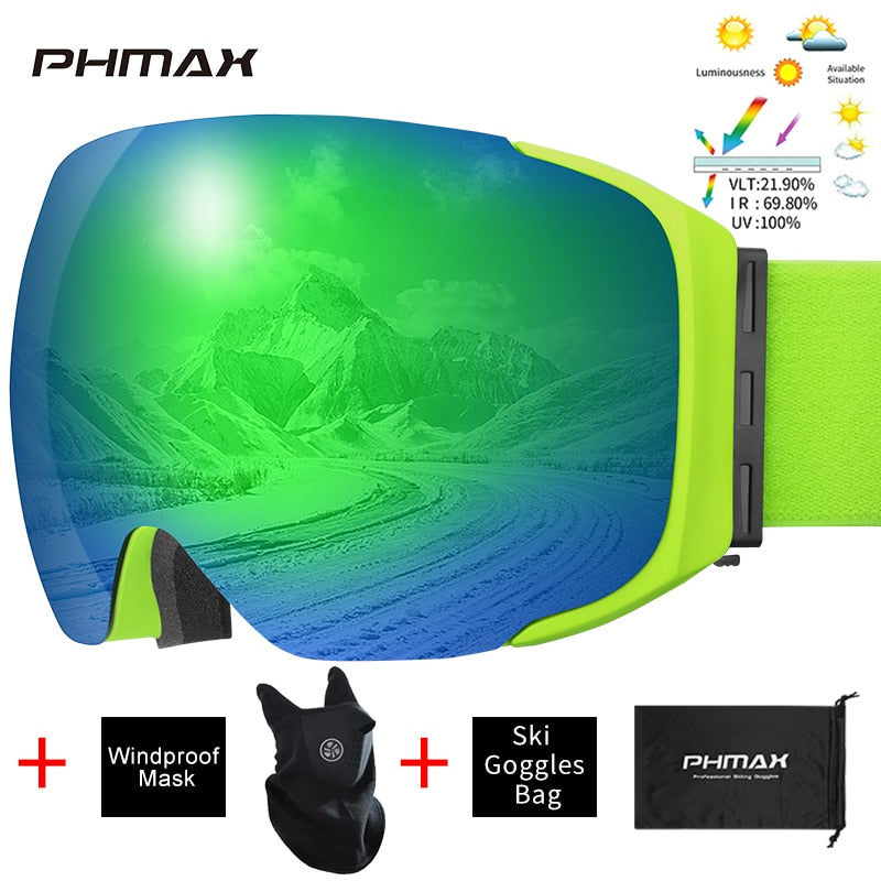 PHMAX Magnetic Ski Goggles Winter Anti-Fog Snowboard Goggles Double-Layers UV400 Protection Snowmobile Outdoor Skiing Glasses