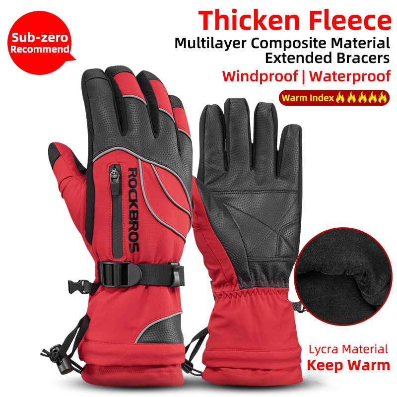 ROCKBROS Ski Gloves Motorcycle Waterproof Fleece Thermal Gloves Snowboard Snowmobile Gloves Men Women Winter Snow Bike Gloves