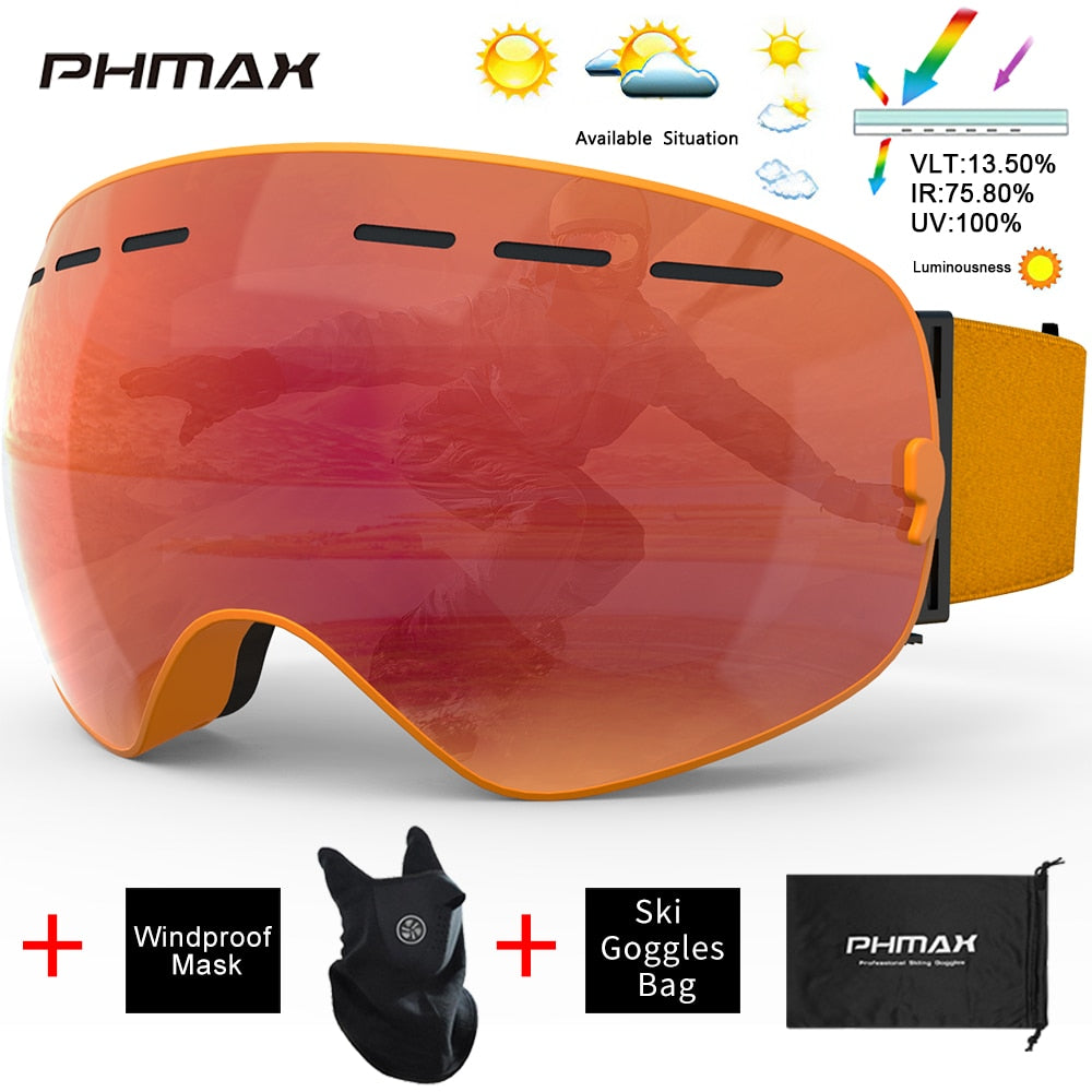 PHMAX Ski Goggles Men Snowboard Glasses Women Winter Outdoor Snow Sunglasses UV400 Double Layers Lens Anti-Fog Skiing Goggles