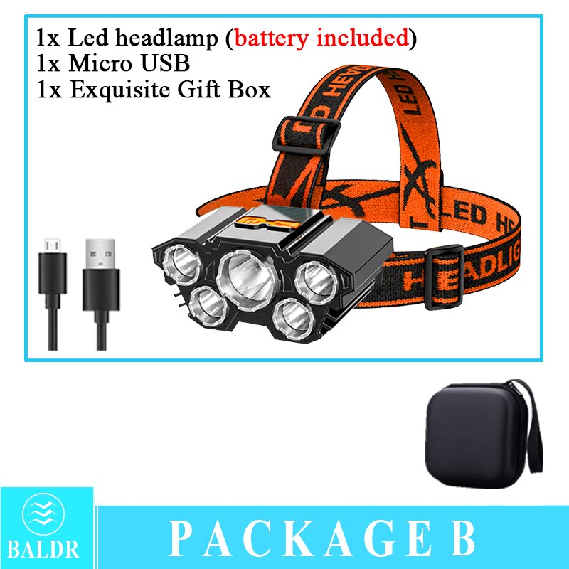 KDULIT Usb Rechargeable Built-in Battery 5 Led Strong Headlight Super Bright Head-Mounted Flashlight Outdoor Fishing Flashlight