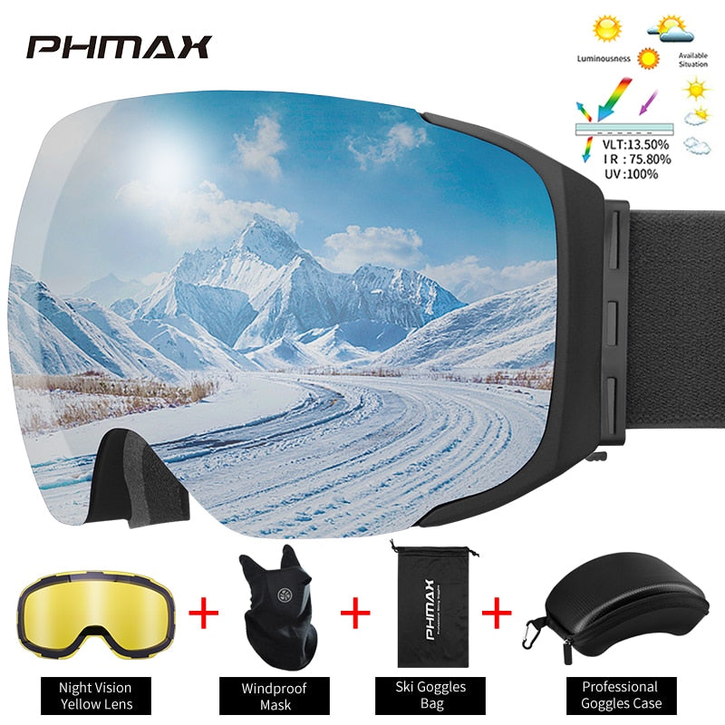 PHMAX Magnetic Ski Goggles Winter Anti-Fog Snowboard Goggles Double-Layers UV400 Protection Snowmobile Outdoor Skiing Glasses