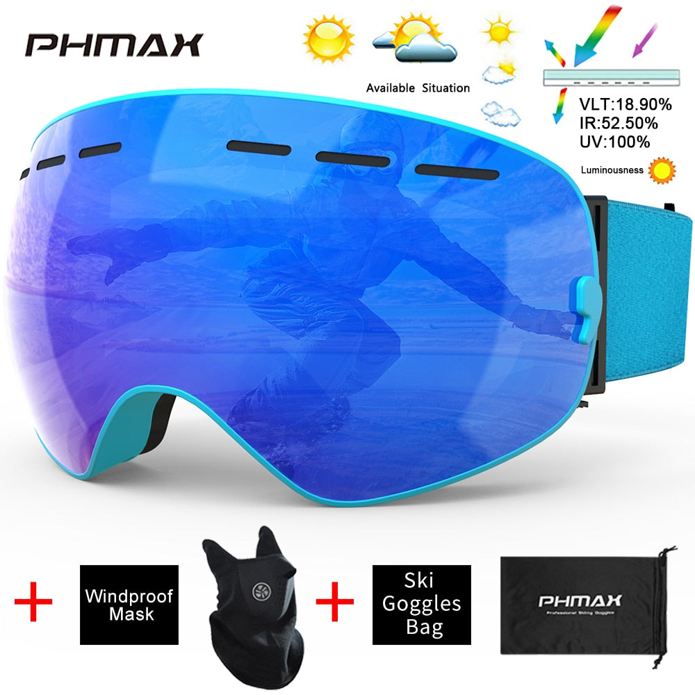 PHMAX Ski Goggles Men Snowboard Glasses Women Winter Outdoor Snow Sunglasses UV400 Double Layers Lens Anti-Fog Skiing Goggles