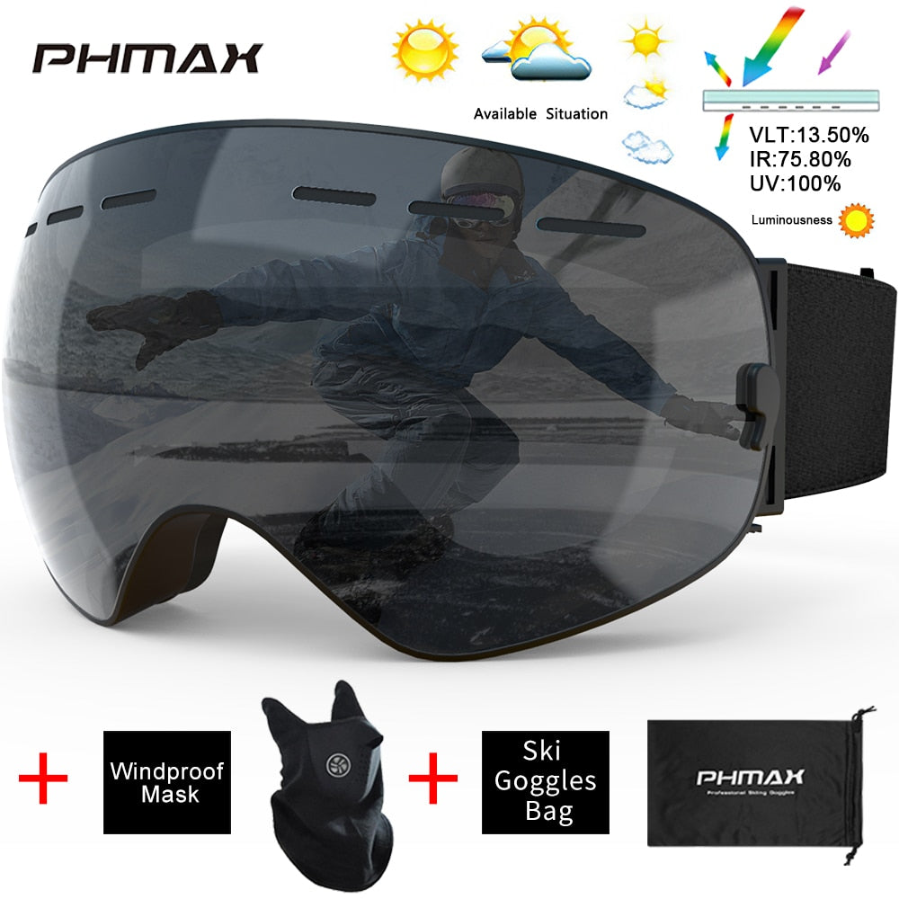 PHMAX Ski Goggles Men Snowboard Glasses Women Winter Outdoor Snow Sunglasses UV400 Double Layers Lens Anti-Fog Skiing Goggles