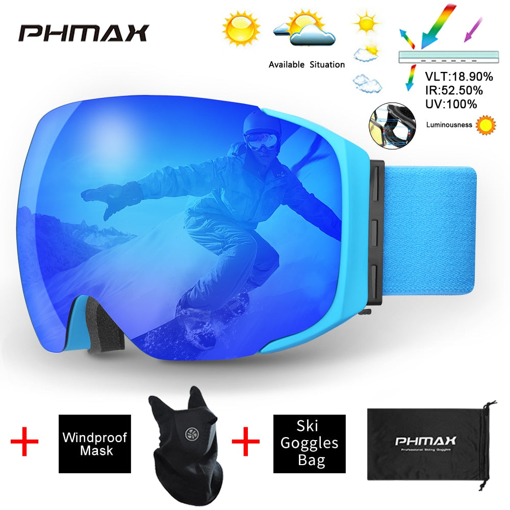 PHMAX Ski Goggles Men Snowboard Glasses Women Winter Outdoor Snow Sunglasses UV400 Double Layers Lens Anti-Fog Skiing Goggles