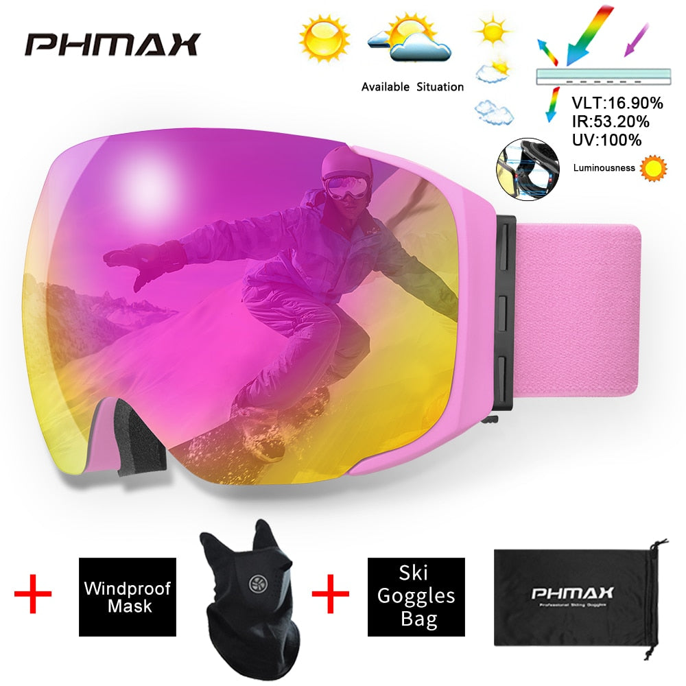 PHMAX Ski Goggles Men Snowboard Glasses Women Winter Outdoor Snow Sunglasses UV400 Double Layers Lens Anti-Fog Skiing Goggles