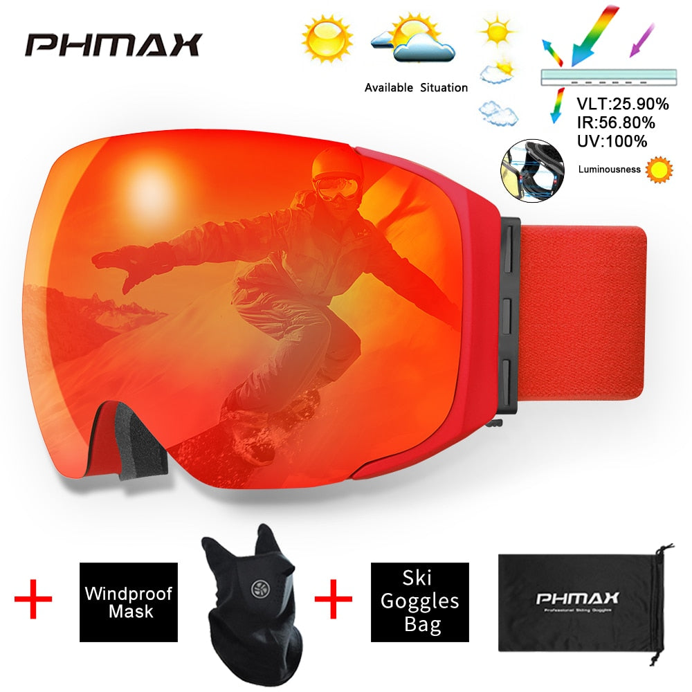 PHMAX Ski Goggles Men Snowboard Glasses Women Winter Outdoor Snow Sunglasses UV400 Double Layers Lens Anti-Fog Skiing Goggles