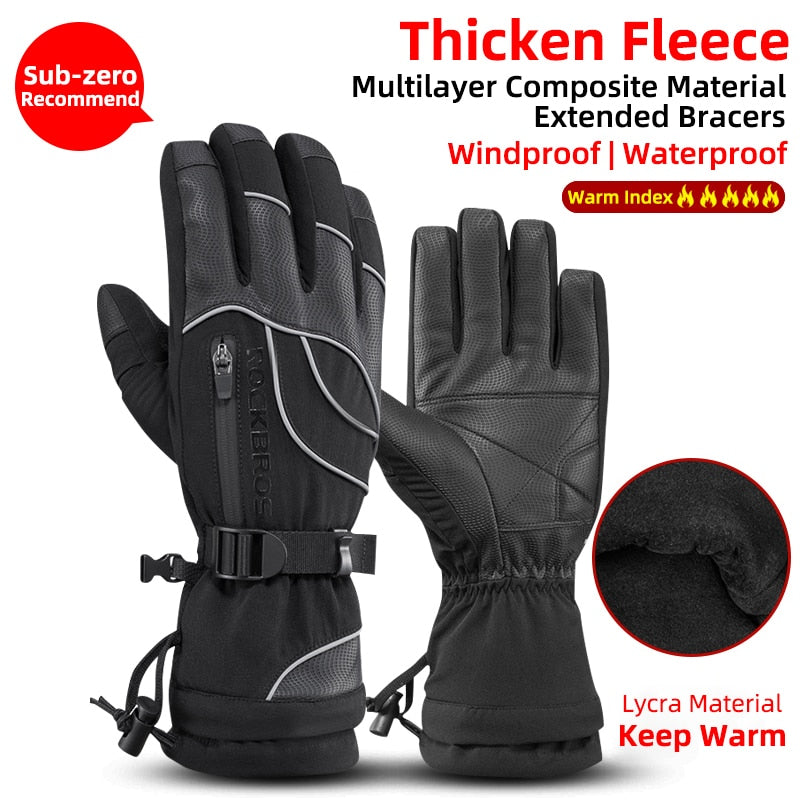 ROCKBROS Ski Gloves Motorcycle Waterproof Fleece Thermal Gloves Snowboard Snowmobile Gloves Men Women Winter Snow Bike Gloves