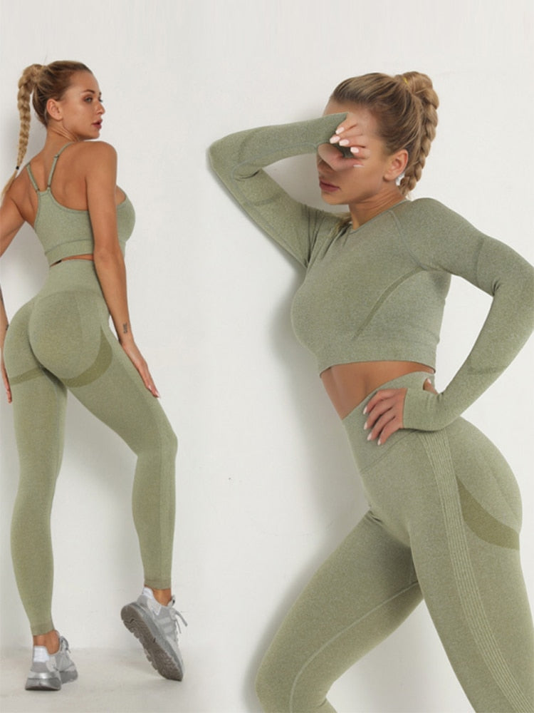 Women's Sets Skinny Tracksuit Breathable Bra Long Sleeve Top Seamless Outfits High Waist Push Up Leggings Gym Clothes Sport Suit