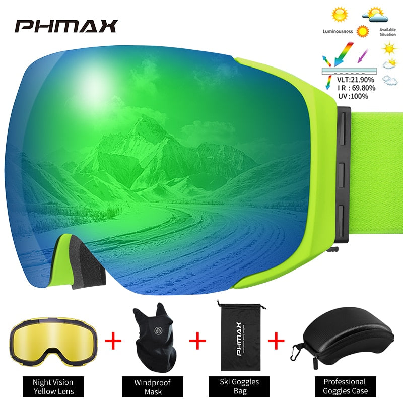 PHMAX Magnetic Ski Goggles Winter Anti-Fog Snowboard Goggles Double-Layers UV400 Protection Snowmobile Outdoor Skiing Glasses