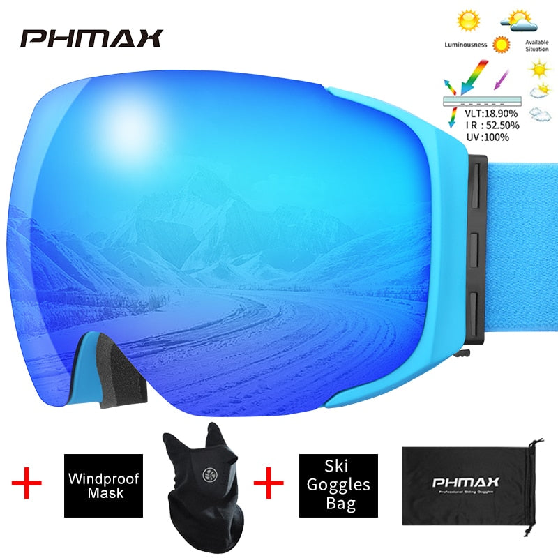 PHMAX Magnetic Ski Goggles Winter Anti-Fog Snowboard Goggles Double-Layers UV400 Protection Snowmobile Outdoor Skiing Glasses