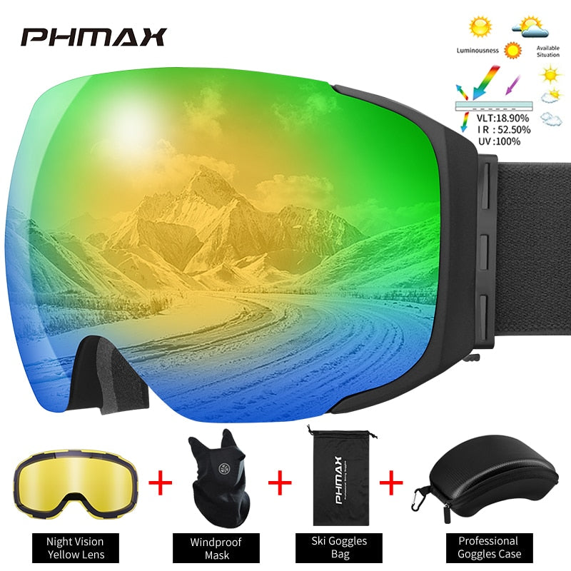 PHMAX Magnetic Ski Goggles Winter Anti-Fog Snowboard Goggles Double-Layers UV400 Protection Snowmobile Outdoor Skiing Glasses