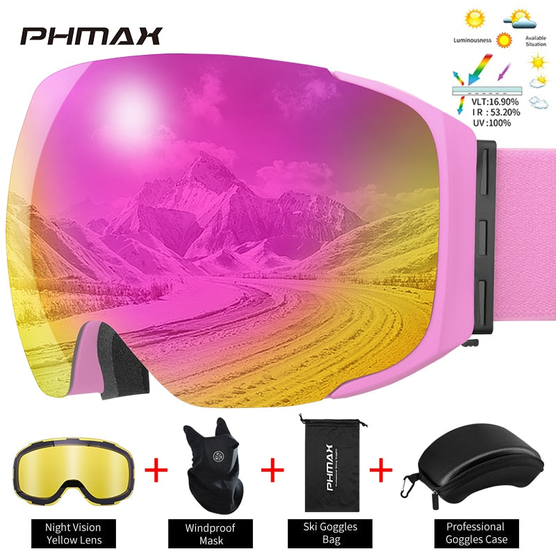 PHMAX Magnetic Ski Goggles Winter Anti-Fog Snowboard Goggles Double-Layers UV400 Protection Snowmobile Outdoor Skiing Glasses