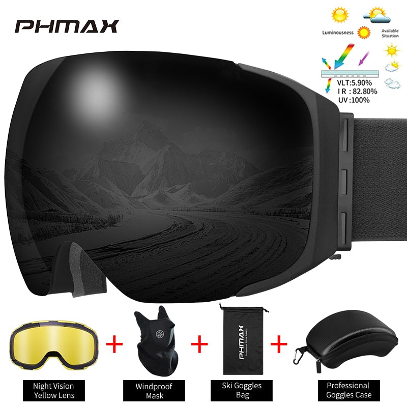 PHMAX Magnetic Ski Goggles Winter Anti-Fog Snowboard Goggles Double-Layers UV400 Protection Snowmobile Outdoor Skiing Glasses