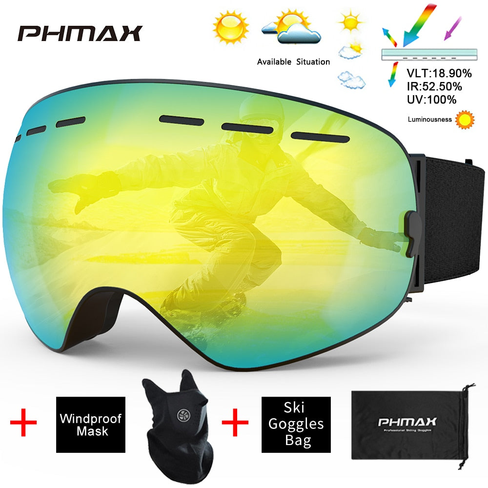 PHMAX Ski Goggles Men Snowboard Glasses Women Winter Outdoor Snow Sunglasses UV400 Double Layers Lens Anti-Fog Skiing Goggles