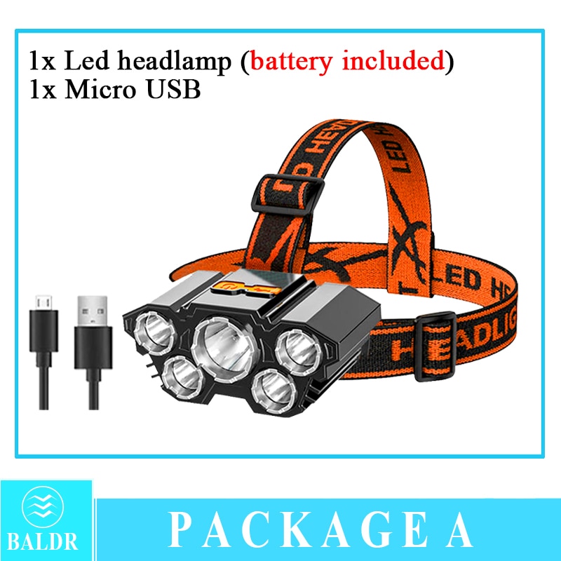 KDULIT Usb Rechargeable Built-in Battery 5 Led Strong Headlight Super Bright Head-Mounted Flashlight Outdoor Fishing Flashlight