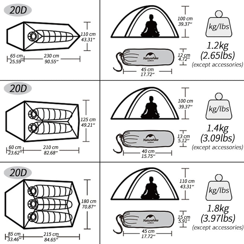 Naturehike Cloud Up 1 2 3 People Tent Ultralight 20D Camping Tent Waterproof Outdoor Hiking Travel Tent Backpacking Cycling Tent