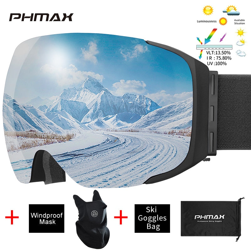 PHMAX Magnetic Ski Goggles Winter Anti-Fog Snowboard Goggles Double-Layers UV400 Protection Snowmobile Outdoor Skiing Glasses