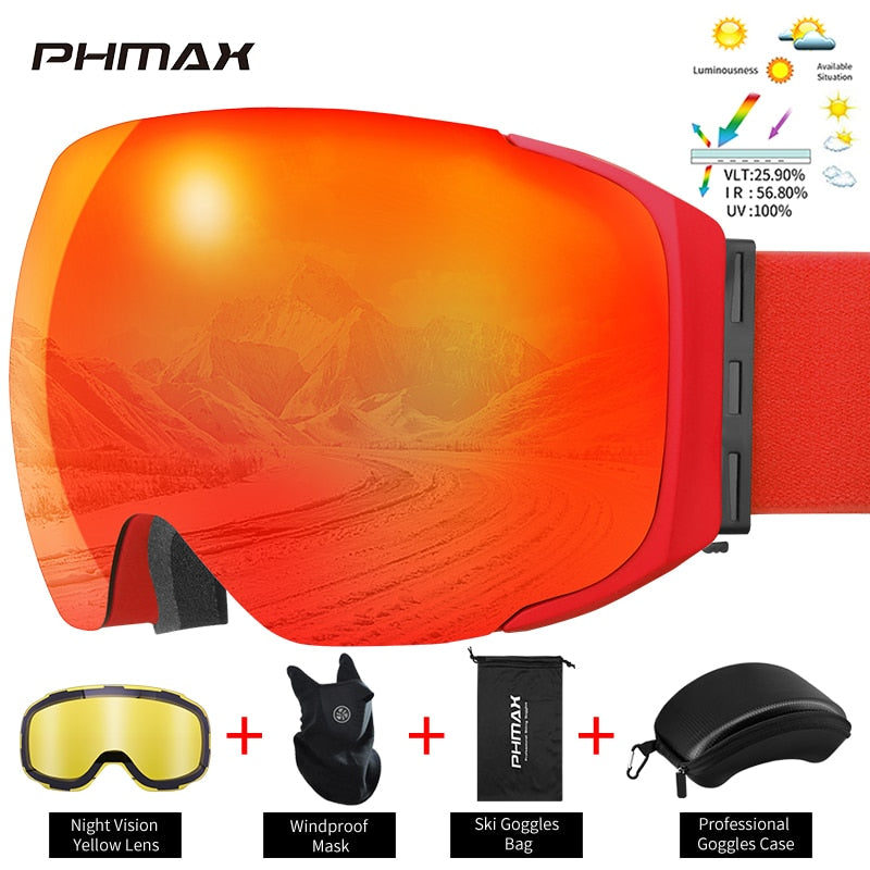 PHMAX Magnetic Ski Goggles Winter Anti-Fog Snowboard Goggles Double-Layers UV400 Protection Snowmobile Outdoor Skiing Glasses