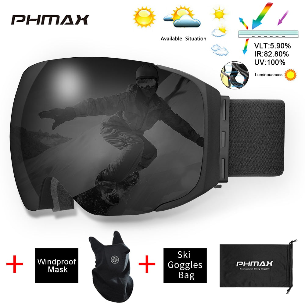 PHMAX Ski Goggles Men Snowboard Glasses Women Winter Outdoor Snow Sunglasses UV400 Double Layers Lens Anti-Fog Skiing Goggles