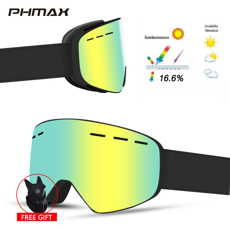 PHMAX Ski Goggles Men Snowboard Glasses Women Winter Outdoor Snow Sunglasses UV400 Double Layers Lens Anti-Fog Skiing Goggles