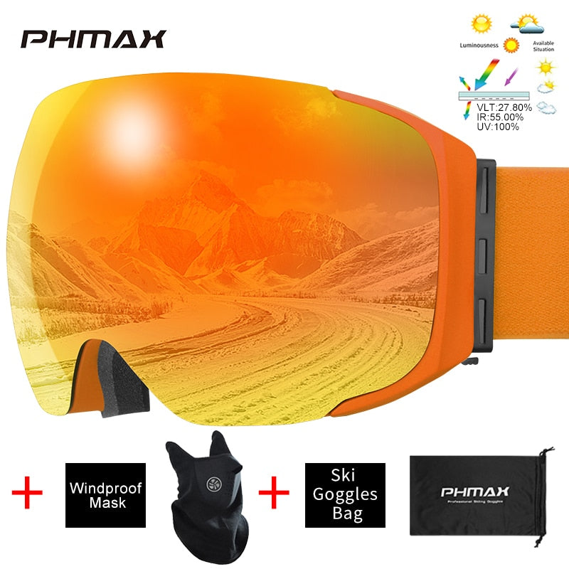 PHMAX Magnetic Ski Goggles Winter Anti-Fog Snowboard Goggles Double-Layers UV400 Protection Snowmobile Outdoor Skiing Glasses